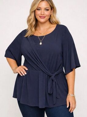 Lot of 2 Lane Bryant Blouse Navy Tie-Front Short Sleeve & Black Puff Sleeve